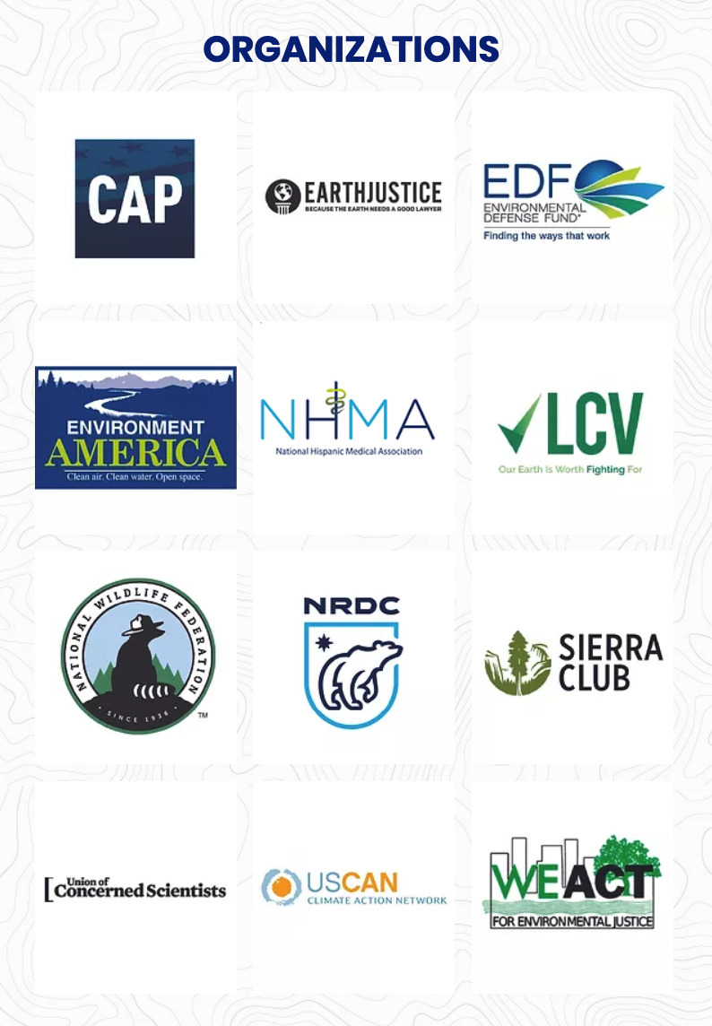 Logos of the organizations in the Climate Action Campaign coalition, including: Center for American Progress, Earthjustice, Environmental Defense Fund, Environment America, National Hispanic Medical Association, League of Conservation Voters, National Wildlife Federation, Natural Resource Defense Council, Sierra Club, Union of Concerned Scientists, U.S. Climate Action Network, WE ACT.