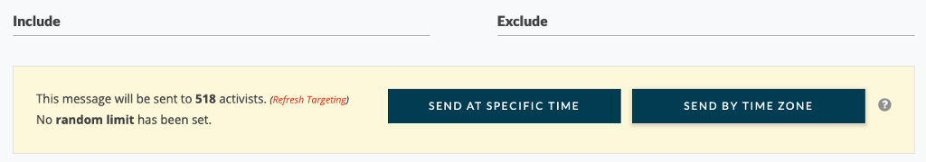 A screenshot of the Targeting page for a mobile message on Action Network displaying the option to send the message by time zone.