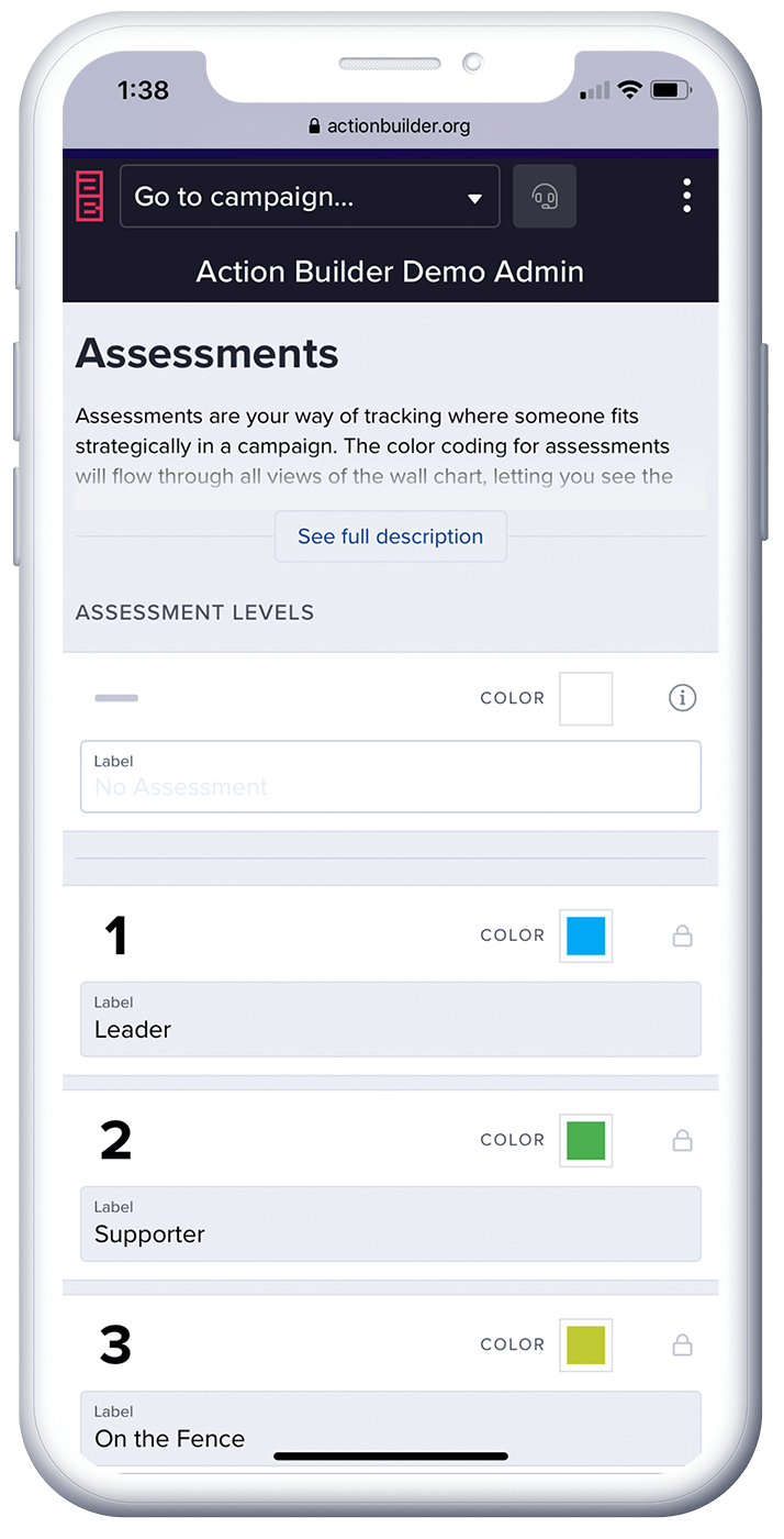 A mockup of an Action Builder Assessments screen on a mobile phone.