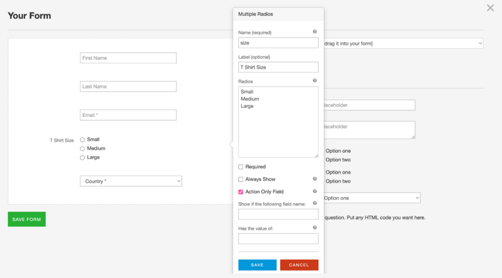 A screenshot showing how to create an Action Only Field in Action Network.