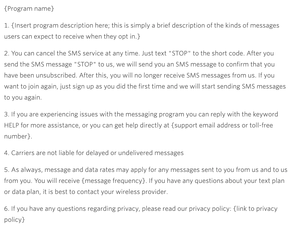 A screenshot of the template Terms of Service and Privacy Policy from Twilio.