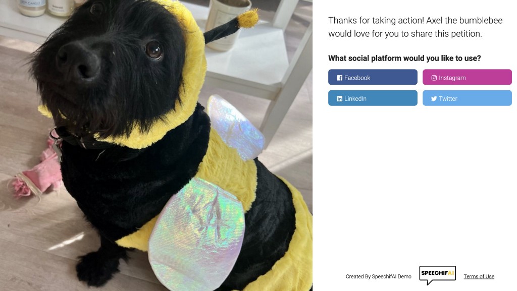 A screenshot of a SpeechifAI thank you redirect page featuring Axel the dog wearing a bumble bee costume.