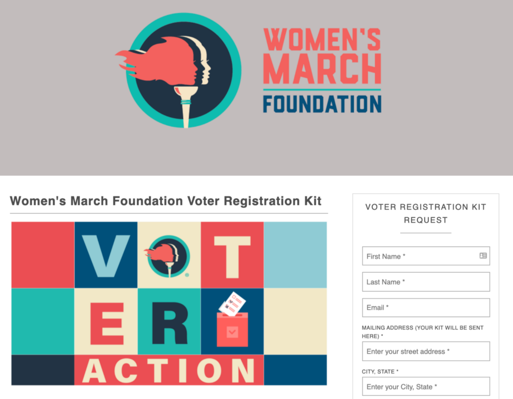A screenshot of a voter registration action from Women’s March Foundation.