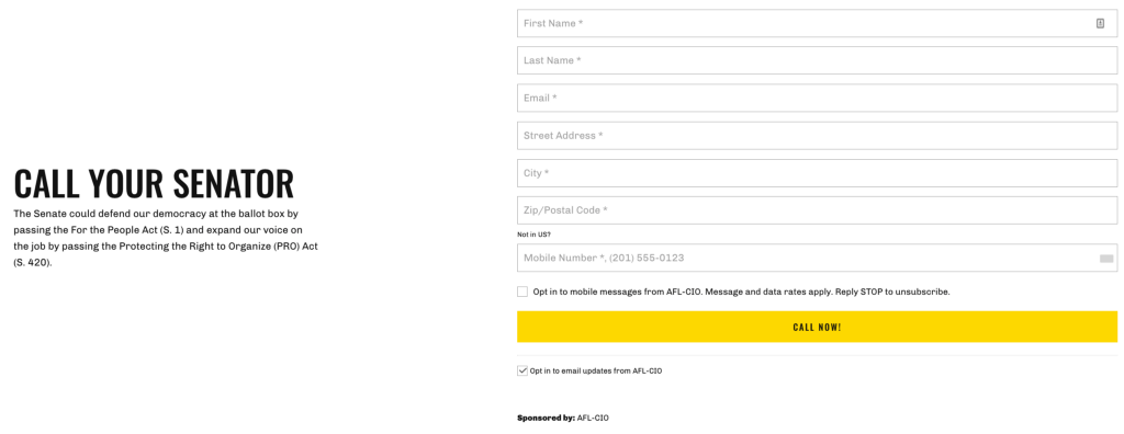 A screenshot of an Action Network form titled ‘Call Your Senator’ with fields to enter name, email, address, and mobile number.