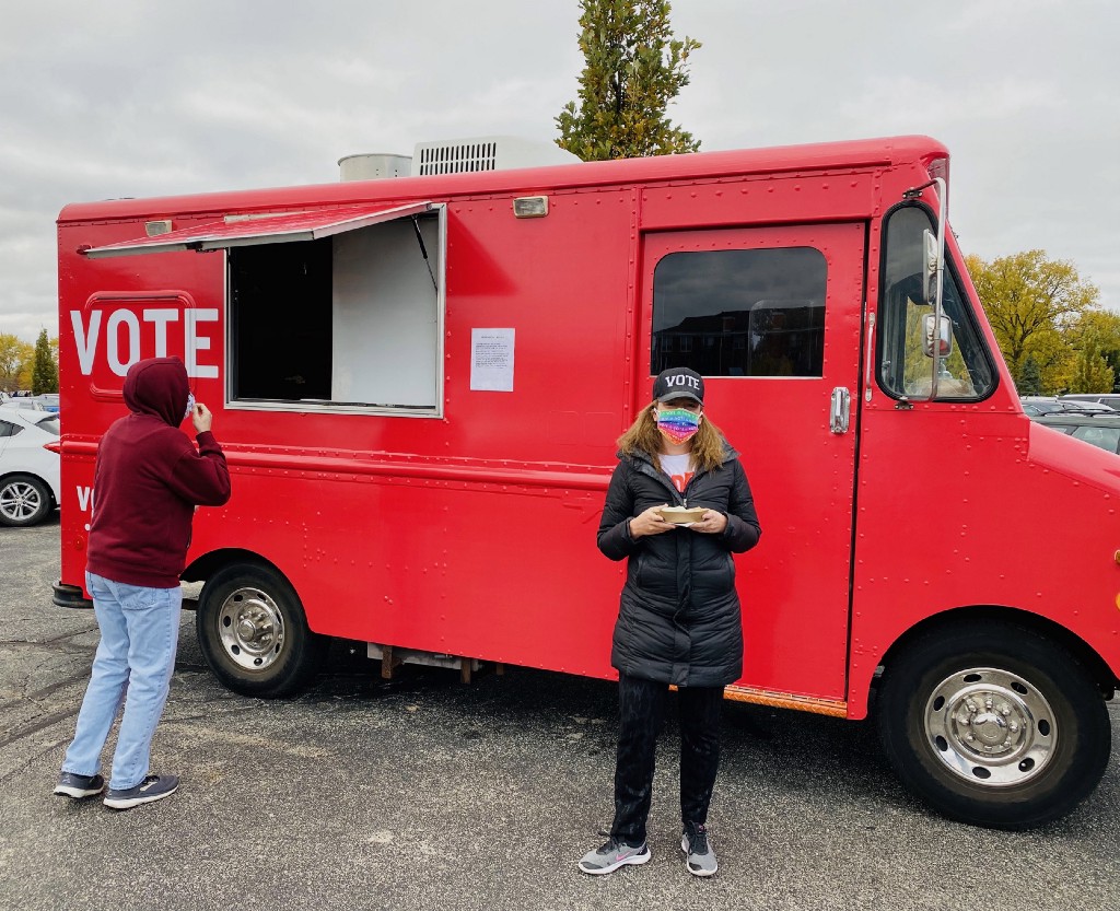 Vote.org CEO Andrea Hailey with the Vote.org food truck in Indianapolis, IN in 2020.