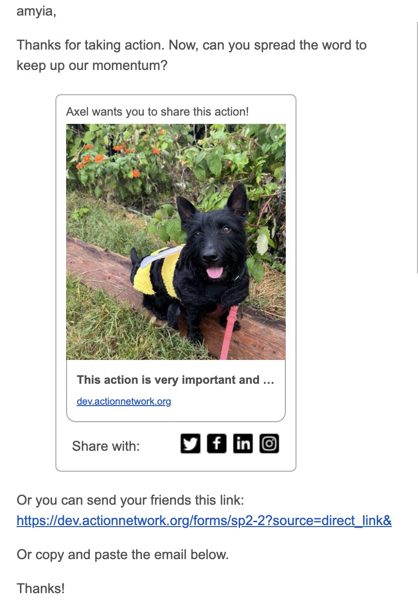 A screenshot of a SpeechifAI thank you page featuring a photo of Axel the dog wearing a bumble bee costume.