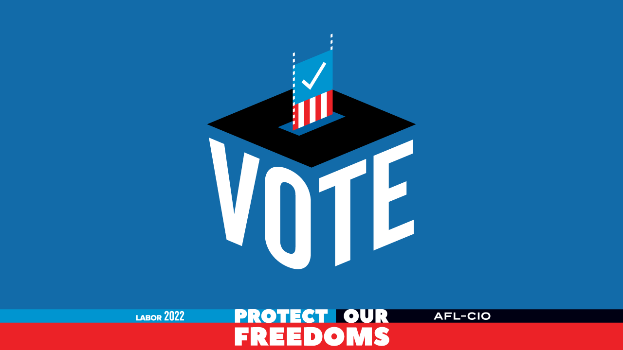 A social media graphic showing a ballot box with the word 'Vote' written on it with the phrase, "Protect Our Freedoms."