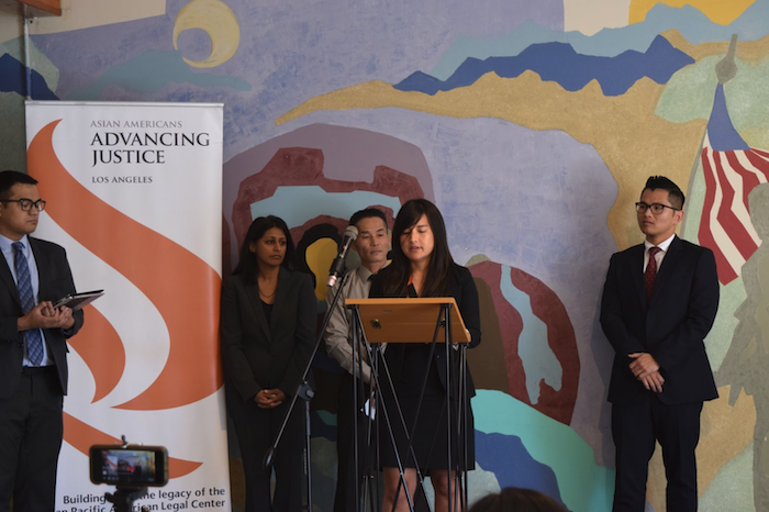 Phi, Advancing Justice affiliate partners, and Vietnamese community member speaking at a press conference.