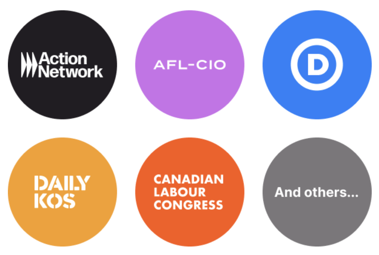 The logos for Action Network, AFL-CIO, the DNC, Daily Kos, and the Canadian Labour Congress.