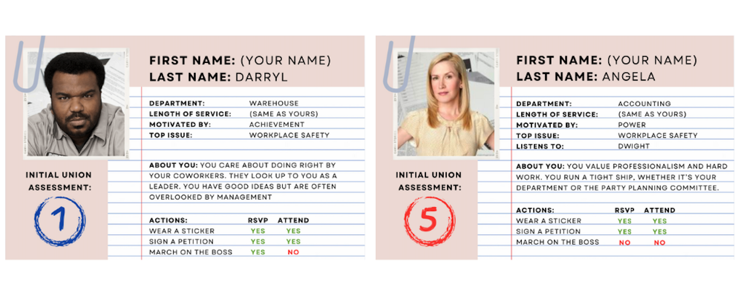 Two of the character cards used in the Office-themed bootcamp.