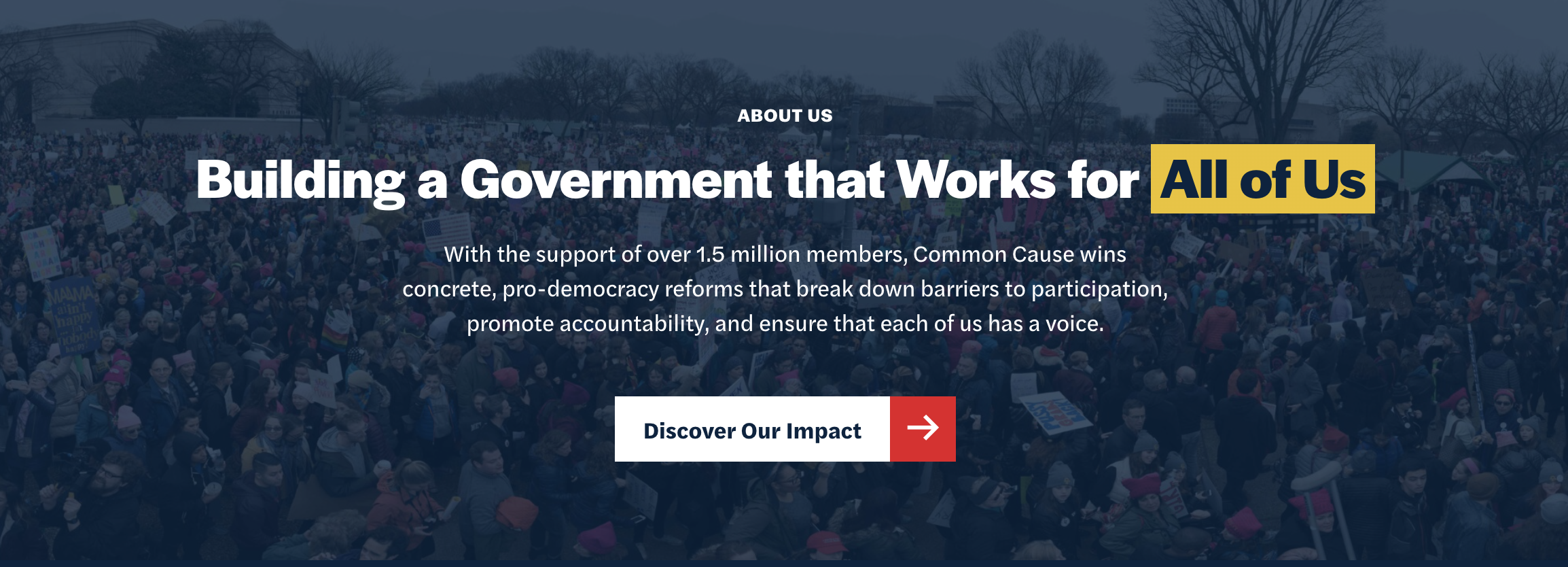 A screenshot from CommonCause.org that says "Building a Government that Works for All of Us"