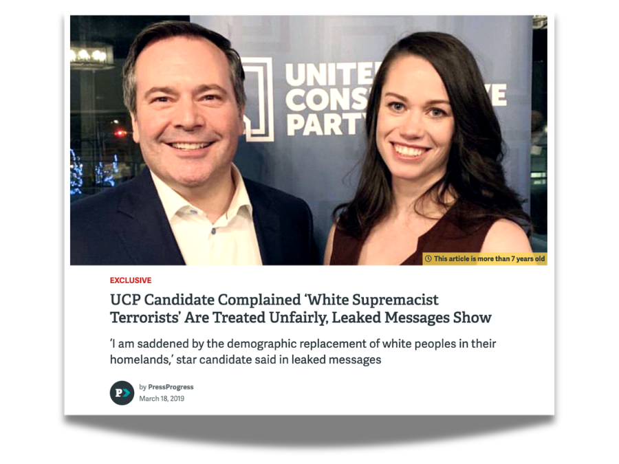 The image and title for the PressProgress article, "UCP Candidate Complained 'White Supremacist Terrorists' Are Treated Unfairly, Leaked Messages Show"